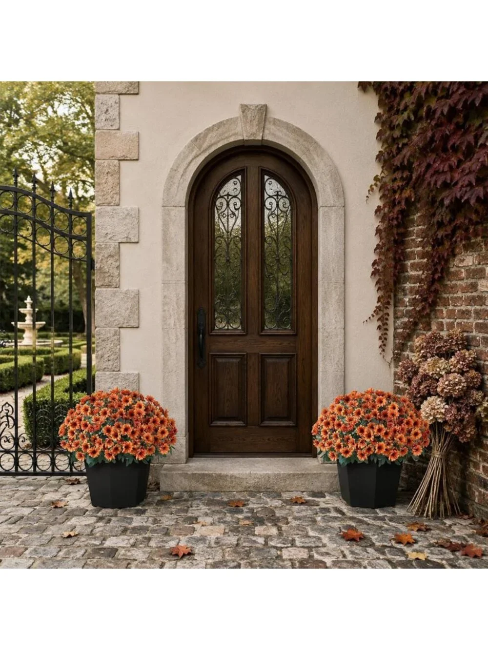 Set of 2 Fall Daisy Topiary Ball Trees - Vibrant Orange Fake Mums for Porch